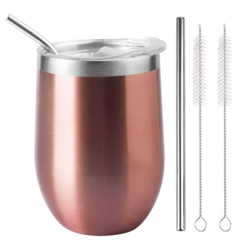 LiangYuanZen 340ml Weingläser aus Edelstahl,Mit deckel, Mit 'nem strohhalm und' ner bürste,hält kalt und heiß für Kaffee, Bier, Champagner, Milk,Cocktails,Getränke, Wein, Rosagold.