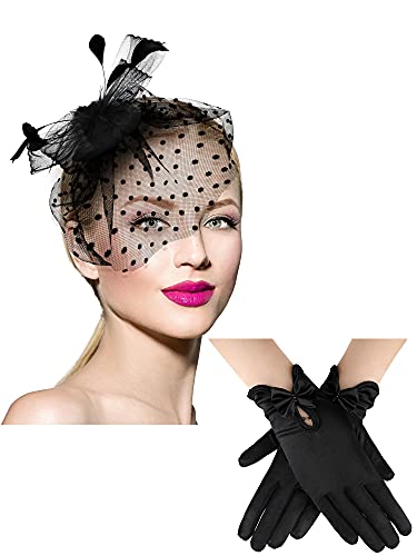 Geyoga 50er Jahre Damen Fascinator Hut Spitzen Handschuh