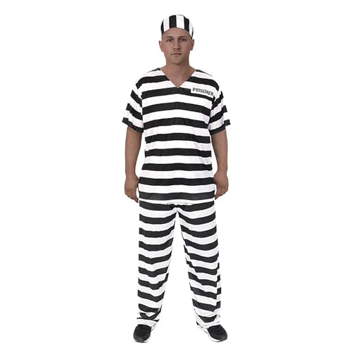Sträfling Kostüm Herren mit Hut und Handschellen Faschingskostüme Männer Unisex Prisoner Costume Gefängnis Kostüm Herren Häftling Kostüm Damen Halloween Karneval Kostüm Erwachsene Cosplay Outfit