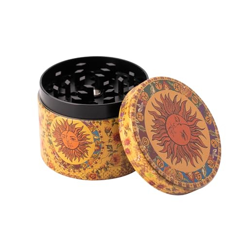 ZYDYRX Pollen Grinder Crusher Kräutermühle Vintage Sun Kräutermühle Metall Mahlwerk für Gewürze Kräuter Pollen Vanille mit Pollenschaber Gelbe 50 mm