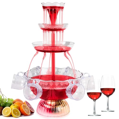 3-stufiger klarer Partybrunnen, Partybrunnen mit 5 wiederverwendbaren Bechern, LED-beleuchteter Sockel, Saft Und Weinbrunnen Trinkbrunnen für Kneipen, Hauspartys und Geburtstagsfeiern