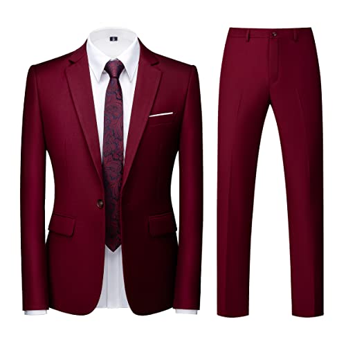 KUDORO Herren Anzüge 2-Teilig Slim Fit für Hochzeit Business Eine Knöpfe Herrenanzug Sakko Hose(Weinrot1, L)