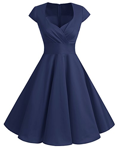 bbonlinedress 1950er Vintage Retro Cocktailkleid Rockabilly V-Ausschnitt Faltenrock Navy L