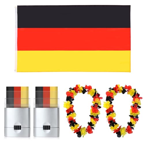 Deutschland Fanartikel Klassiker Set EM 2024 Fanartikel Deutschland Flagge 90x150cm Deutschland Kette Deutschland Gesichts Schminke Deko zur Europameisterschaft 2024 Fanartike (Set A)
