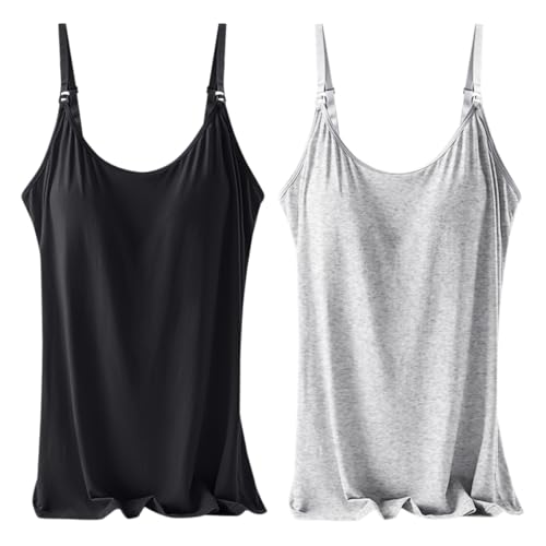 Rainjia Damen Stilltop Unterhemd BH-Hemd, 2er Pack Mutterschaft Tanktop Integriertem BH Spaghetti Tops Oberteil Ohne Bügel Trägertop Camilose Top Modal für Stillen Schlaf Freizeit und Alltag