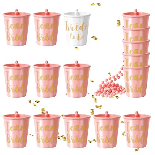 Votoko 16 Stück Schnapsgläser mit Kette, JGA Becher zum Umhängen für Junggesellenabschied Frauen, Team Bridal Rosa Schnapsgläser für Hochzeitsfeiern, Karneval, Brautparty, Deko Accessoires
