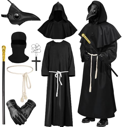 Pestarzt-Kostüm für Erwachsene, Pestarzt, Ledermaske mit schwarzem Umhang, Halloween-Outfit, Handschuhe, Gürtel, Kreuz-Halskette Zepter Steampunk-Kostüm für Herren und Damen (Schwarz 1, L)