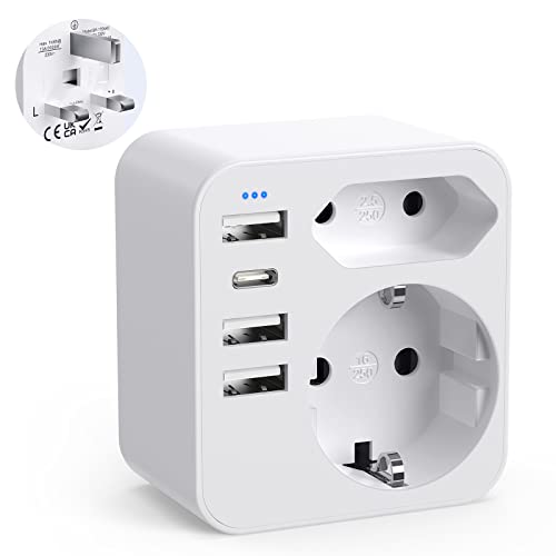 Adapter England Deutschland Stecker, Reiseadapter UK mit 3 USB 1 USB C(3.4A), Reisestecker Stromadapter Steckdosenadapter Typ G für England Großbritannien Irland Dubai, Malediven