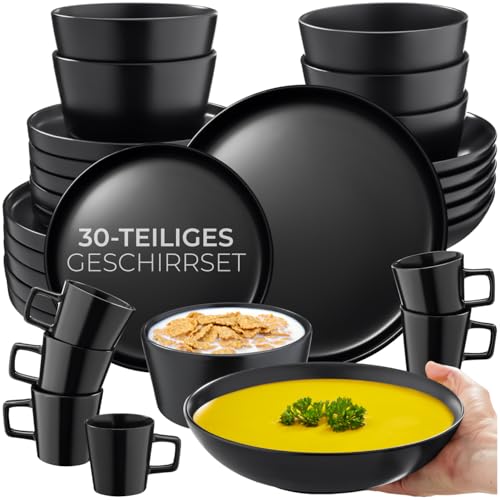 tectake® Geschirrset, Tafelservice 6 Personen, Steingut Geschirr Set schwarz, Teller Set mit Schalen, Kaffeetassen, Speiseteller, Frühstücksteller, tiefe Teller und Schüsseln - 30-tlg.
