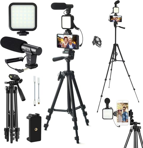 Vlogging-Kit, YouTube-Starter-Kit, Vlogging-Kit für iPhone/Android-Telefone/Kameras, Telefonhalter für Videoaufnahmen mit Ausziehbarem 50inch Stativ/Mikrofon/Aufhelllicht/Aufnahmefernbedienung