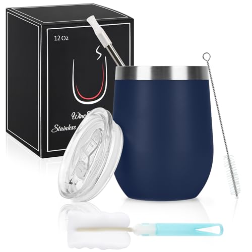 Joymaking Weinbecher Edelstahl, Stemless Weinbecher mit Deckel, Doppelwandige Unbreakable Travel Becher für Milk, Kaffee, Wein, Bier, Champagner, Cocktails, Dunkelblau