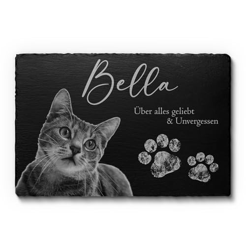 Tier Grabstein Katze - Katzengrabstein aus Schiefer mit Gravur - Nur bei Uns: Wetterfester Gravurschutz - Grabplatte für Tiere mit Foto - 30x20 cm | Große Motivauswahl! - Gedenkstein Katzen Hund