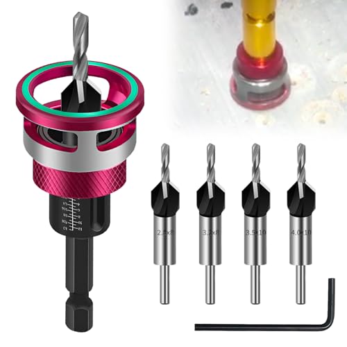 Kegelsenker Bohrer Set 6 tlg, Senker Holzbohrer mit Tiefenanschlag, Bohrsenker mit 1/4" Hex Schaft, aus HSS-M2, präzise Bohrungen, für Holzverarbeitung