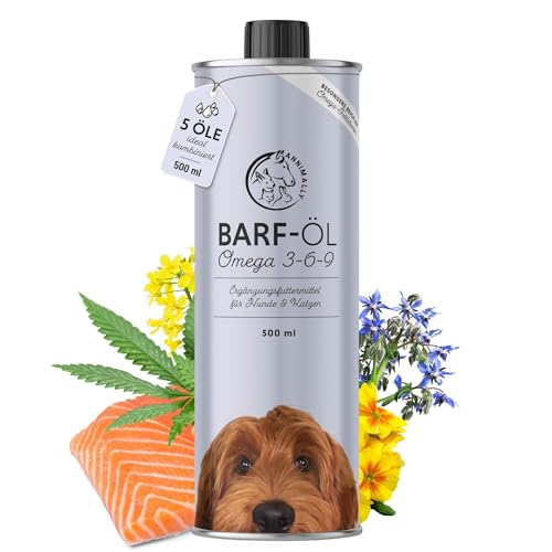 Barf Öl für Hunde 500ml Barföl mit Omega 3-6-9 aus: Lachsöl, Rapsöl, Hanföl & Borretschöl - Futteröl für Hund als Futter Topping (Barf Zusatz)
