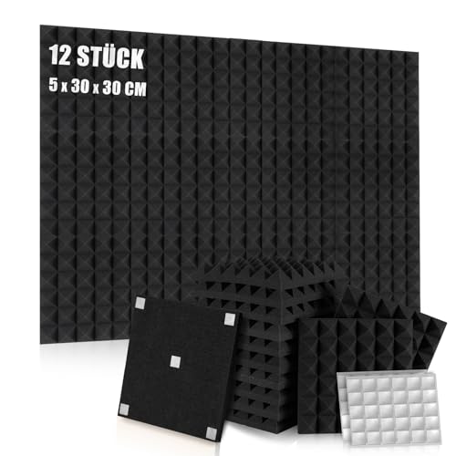 Akustikschaumstoff 12 Stück Schallschutzmatte 30 x 30 x 5 cm, Flammhemmendem Material Schallabsorber Schaumstoff für Aufnahmestudios,Gaming,Büros Schalldämmung (Schwarz)