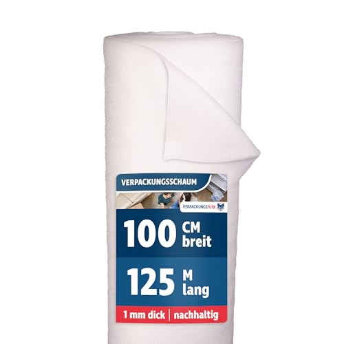 Verpackungsschaum Rolle 1m x 125m | 125m² Verpackungsmaterial 1mm PE-Schaum | Ideales Füllmaterial für Pakete & Umzugsmaterial als Möbelschutz | Schaumfolie als Polstermaterial