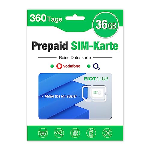 EIOTCLUB Prepaid SIM Karte ohne Vertrag, Kompatibel mit Vodafone & O2 Netz, 36GB for 360 Tage, Nur Daten, kein Anruf- oder SMS-Dienst