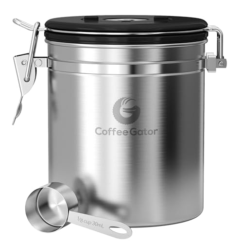 Coffee Gator Kaffee-Kanister mit Datumsanzeige, CO2-Freigabe-Ventil und Schaufel, Medium edelstahl,473ML