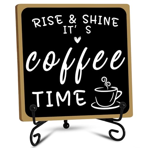 Kaffeebar-Schild, hölzernes Kaffee deko, Kaffeebar-Dekorationen in Schwarz und Weiß mit Eisenständer, Bar-Tischregal, Kaffeebar-Schilder Dekor für Kaffeestation, Zuhause,einem treue-geschenk