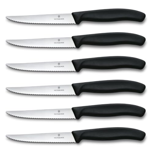 Victorinox Swiss Classic, Profi Steakmesser-Set, 6-teilig, Extra Scharfe Klinge, Wellenschliff, 11 cm, Robuster Kunststoffgriff, Rostfreier Stahl, Schwarz