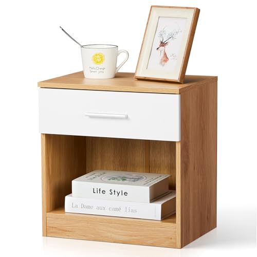 LEADZM Nachttisch 2er Set Nachtschrank Schlichter Beistelltisch Kommode mit offenem Fach und 1 Schublade für Schlafzimmer, Wohnzimmer Eichen Farbe&Weiß 39 x 29 x 41cm