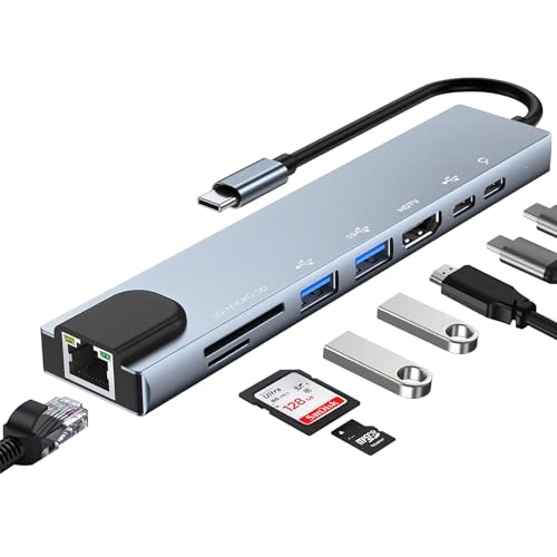 USB C Hub, 8 in 1 USB C Multiport Adapter mit 100W PD, 4K HDMI, SD&TF Kartenleser, USB 3.0&USB 2.0 Ports, USB C Ethernet Adapter für MacBook Air/Pro, iPad Pro, Chromebook, Huawei, Dell XPS, Samsung