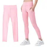 JinBei Sporthose Mädchen Leggings mit 2 Taschen Sportleggings Hohe Taille Elastisch Sportkleidung Kinder Atmungsaktive Lang Gymnastikhose Jogging Training Hose für 8-9 Jahre, GR.134-140, Rosa