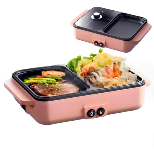 Topyond 1200W Elektrische Hot Pot und BBQ Grill,Elektrische Bratpfanne,Elektrischer Innengrill Tischgrill,Dual-Use Elektrisch Koreanischer Grill,2 Personen Hotpot, 220 V 180°,Für Zuhause, Schlafsaal