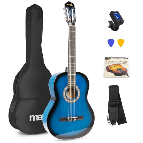MAX SoloArt Konzertgitarre 4/4, Akustik Gitarre für Anfänger mit Tasche, Stimmgerät, Gurt und Zubehör, Acoustic Guitar, Akustikgitarre Blau
