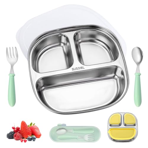 Baby Teller mit Saugnapf, Edelstahl Kinderteller mit Deckel, Kinder Esslernteller aus Edelstahl, Praktischer Teller für Babys und Kleinkinder, Teller Baby Saugnapf Set mit Gabeln und Löffel