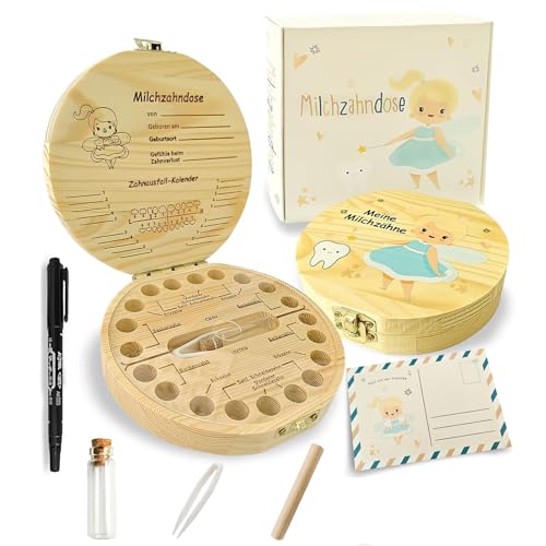 Mooshy Zahndose Milchzähne - Zahnbox für Milchzähne Mädchen & Jungen aus Holz Geeignet als Geschenk zur Taufe und zum Geburtstag Kommt mit Pinzette Glasflasche Postkarte und Stift