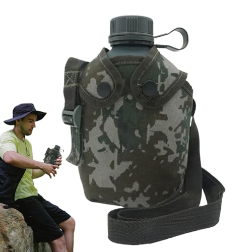 Legendäres klassisches Kantinenwasser, Edelstahl US Militär Feldflasche Set 1,2l mit 0,6l Becher Nylon Beutel Wasserflasche Kochtopf Campingbecher, Extra Stark Trinkflasche Edelstahl, Wasserflasche E