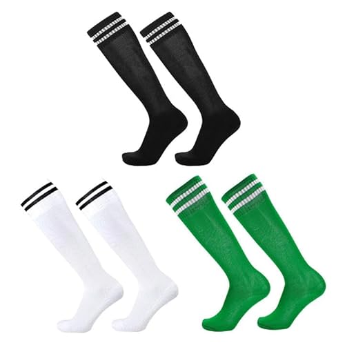 SKHAOVS 3 Pairs Kinder Fußball Socken, Jungen Mädchen Lange Fußballsocken, Kniehohe Rugby Basketball Socken, Elastische Sportsocken Trainingssocken für 5–12 Jahren (Polyester, Black,White,Green)