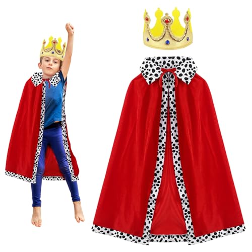 TUONYIS 2 Stück König Kostüm Kinder, König Umhang Prinz Umhang Königsumhang Samtumhang mit Krone, Prinz Kostüm Kinder für Halloween, Karneval, Prinzenparty, Cosplay, 80cm (Red)