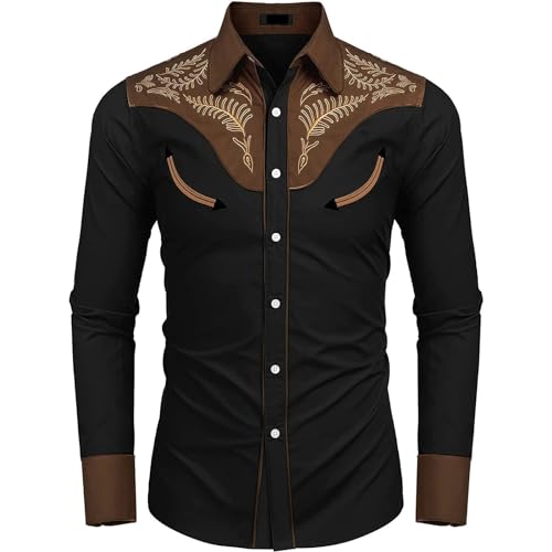 Mymyguoe Cowboyhemd Herren Western Shirts Cowboy Kostüm Reverskragen Einreiher Freizeithemd Herrenhemden Westernhemden Herren Western Cowboy Hemd Langarm Snap Stickerei Hemden Men's Western Shirt