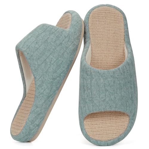Linen & Cotton Hausschuhe Damen Gäste Frauen Offene Pantoffeln Anti-Rutsch Home, Grün, 39/40 EU, Etikett 40-41