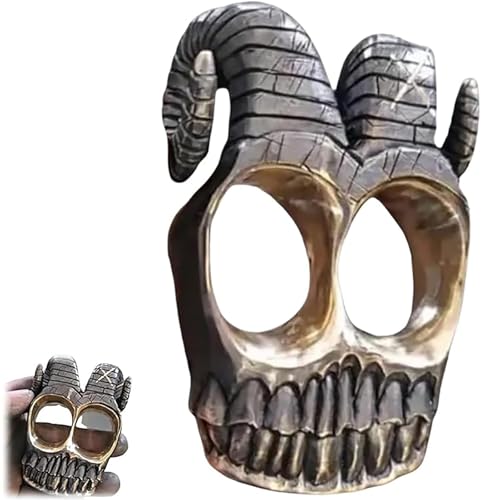 ICFYWTB Handgefertigter Widderhorn-Totenkopf-Knöchelring – Gothic-Doppelschlaufe-Vollfinger-Skelett-Design, Vintage-Punk-Schmuck, Geschenk für Motorrad-Biker-Party-Accessoires (A)