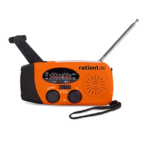 ration1 Kurbelradio mit Solar und LED Taschenlampe, Notfallradio mit Handkurbel und USB Anschluss, Weltempfänger für Camping und Outdoor