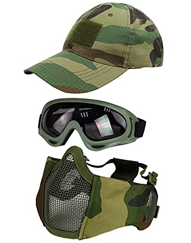Hodeacc Taktische Maske, Baseballkappen-Set, Verstellbare Halbgesichtsmaske Mit Ohrenschutz, Anti-UV-Brille, Augenschutz, Outdoor-Hut für Airsoft/BB/CS-Spiele, 3-Teilig