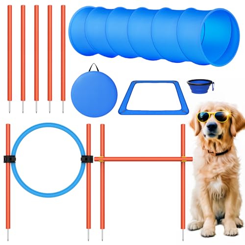 X XBEN Agility Set Hunde, 6-Teiliges Agility Set für Hunde, Agility Set Hunde Groß mit Hundetunnel, Hürden, 5 Slalomstangen, Springring, Pause-Box, Faltbarer Wassernapf, Tragetasche, Spiele&Training