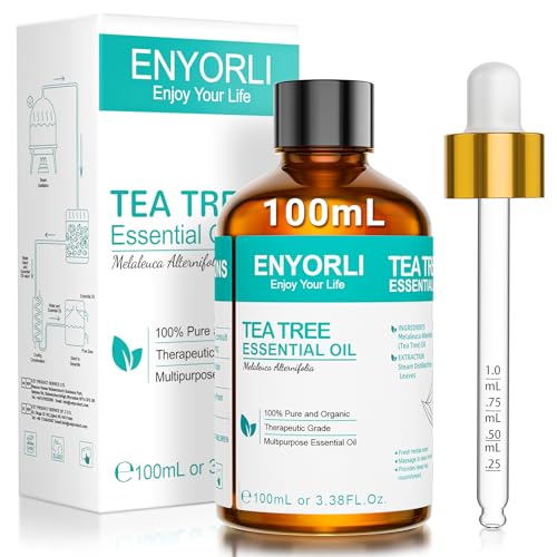 ENYORLI Teebaumöl 100ml Naturrein Tea Tree Oil 100% Reines und Ätherisches Aromatherapieöl Vegan Teebaum Ätherisches Öl für Diffuser,Shampoo, Gesicht,Haut, Nagel