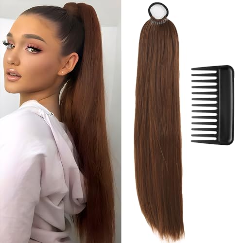 Ponytail Extension Pferdeschwanz Haarteil Zopf Extension Haarverlängerung Zopf Extensions Zopf 60cm Langes Pferdeschwanz-Haarteil mit Gummiband und Ein Schwarzer Kamm (Hellbraun).