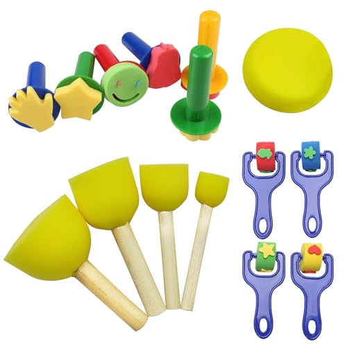 Schwamm Pinsel Set Kinder, 15 Stück Schwammpinsel Schaumstoff Pinsel Wiederverwendet Pinsel Kinder Malwerkzeugset für Mädchen Jungen DIY Handmalerei Werkzeuge