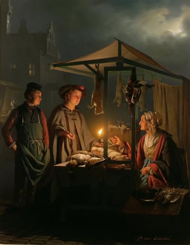 XcBAIHOUD Vintage Wandkunst Bilder Modern Canvas Leinwandbild der Spieleverkäufer von Petrus Van Schendel Wanddekoration Landschaft für Wanddekoration 60x90cm