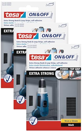 tesa On & Off Extrastarke Klett Klebepads - Selbstklebende Klettstreifen zum Befestigen schwerer Gegenstände, extra stark - Schwarz - 10 cm x 5 cm - 2 Stück, 3er Pack