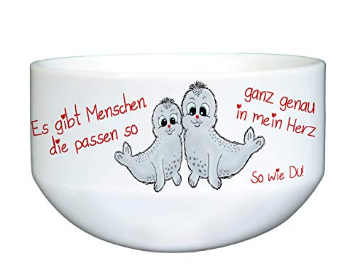 Müslischale Robbe mit Spruch Porzellan-Schüssel, Robbenpaar, Robbenfan, Müslischüssel personalisiert mit Spruch Schale für cornflakes Morgenmuffel, Frühaufsteher Maritim