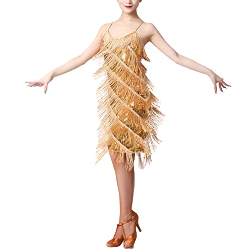 FYMNSI Damen Gl�nzende Pailletten Kleider Mit Quaste V-Ausschnitt Latein Tanzkleid Fransenkleid Partykleid Samba Tango Latin Salsa ChaCha Kleid 1920er Jahre Flapper Kost�me Wettbewerb Gold S