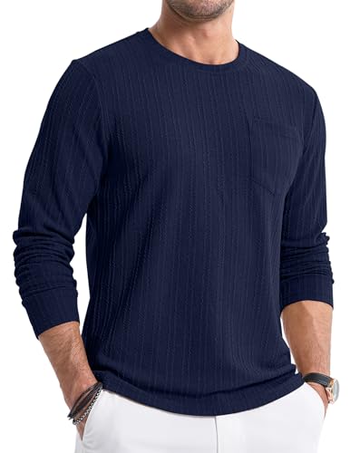 JMIERR Longsleeve Langarmshirt Herren Pullover Strickpullover Rundhals T-Shirts Longshirt Modern Leichte Basic Solid Winter Oberteile Männer für Herren mit Tasche Blau M