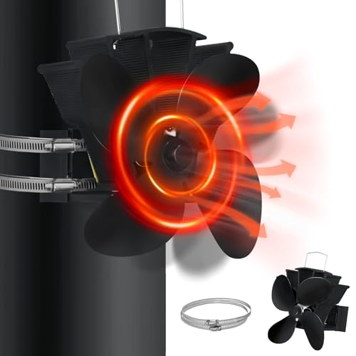 XINZI 4 Blättern Kaminventilatoren Wärmebetrieben Ofenventilator ohne Strom Leiser Kamin Ventilator mit 2 Festring Wärmeverteiler Kaminlüfter für Kaminofen Holzofen Kachelofen Feuerstelle Ofenrohr