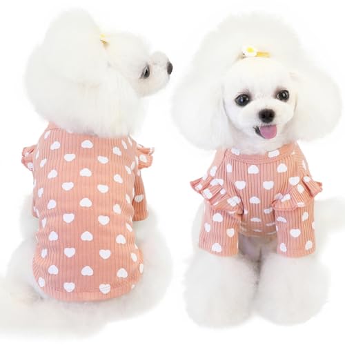 Yaopelky Hundekleidung für kleine Hunde, Herzdruck, Hunde-T-Shirt, Frühling, Sommer, Chihuahua-Kleidung, Welpen-Outfits, Rüschen, langärmelig, Hunde-Shirt, Haustier-Valentinstagsbekleidung (Rosa, M)